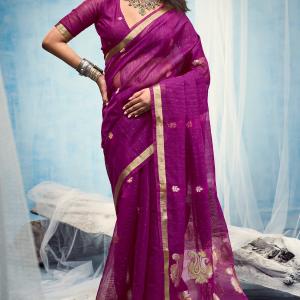 Jazzy Purple Pure Munga Cotton Silk Saree With Seraglio Blouse Piece