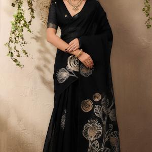 Sonorous Black Cotton Silk Saree With Impressive Blouse Piece