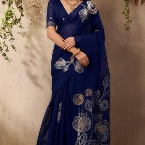 Sumptuous Navy Blue Cotton Silk Saree With Exquisite Blouse Piece