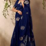 Sumptuous Navy Blue Cotton Silk Saree With Exquisite Blouse Piece