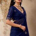Sumptuous Navy Blue Cotton Silk Saree With Exquisite Blouse Piece