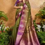 Epiphany Green Banarasi Paper Silk Saree With Staggering Blouse Piece