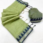 Staggering Pista Cotton Silk Saree With Diaphanous Blouse Piece