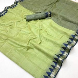 Staggering Pista Cotton Silk Saree With Diaphanous Blouse Piece