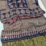 Ethnic Navy Blue Pure Viscose Lagdi Patta Mirror Work Ajrakh Printed Saree