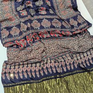 Ethnic Navy Blue Pure Viscose Lagdi Patta Mirror Work Ajrakh Printed Saree