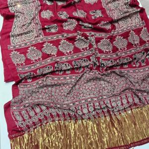 Imaginative Wine Pure Viscose Lagdi Patta Mirror Work Ajrakh Printed Saree