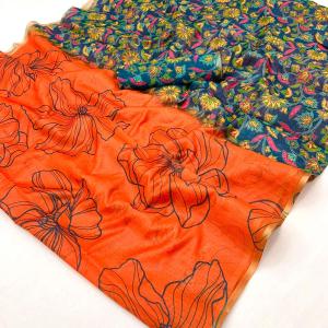 Sumptuous Orange Printed Cotton Silk Saree With Scintillating Blouse Piece