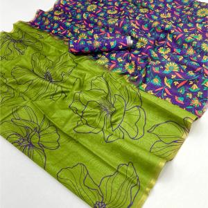 Evanescent Green Printed Cotton Silk Saree With Zephyr Blouse Piece
