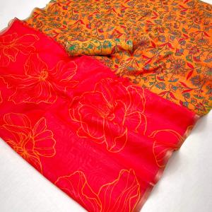Ideal Red Printed Cotton Silk Saree With Murmurous Blouse Piece