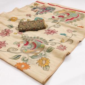 Posh Beige Kalamkari Printed Cotton Silk Saree With Demesne Blouse Piece