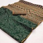 Winsome Dark Green Printed Cotton Silk Saree With Symmetrical Blouse Piece