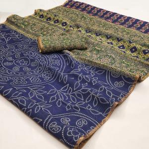 Devastating Navy Blue Printed Cotton Silk Saree With Scintilla Blouse Piece
