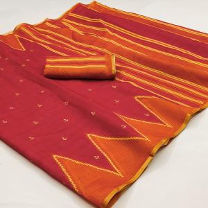Vivacious Red Printed Cotton Silk Saree With Nemesis Blouse Piece