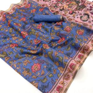 Innovative Blue Printed Cotton Silk Saree With Extraordinary Blouse Piece
