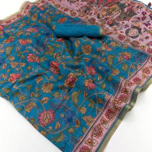 Nemesis Firozi Printed Cotton Silk Saree With Mesmeric Blouse Piece