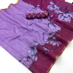 Tantalizing Lavender Printed Cotton Silk Saree With Sempiternal Blouse Piece