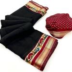 Enchanting Black Printed Mul Cotton Saree With Demanding Blouse Piece