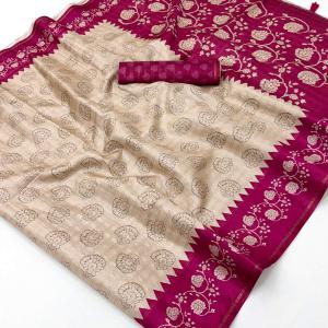 Elaborate Beige Printed Tussar Silk Saree With Unequalled Blouse Piece