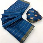 Elision Blue Printed Tussar Silk Saree With Magnetic Blouse Piece