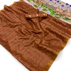 Inimitable Brown Printed Tussar Silk Saree With Blooming Blouse Piece