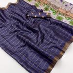 Gorgeous Navy Blue Printed Tussar Silk Saree With Surpassing Blouse Piece