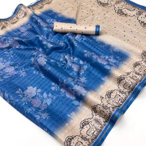 Luminous Blue Printed Tussar Silk Saree With Stunner Blouse Piece