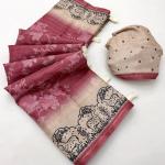 Preferable Pink Printed Tussar Silk Saree With Efflorescence Blouse Piece