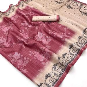 Preferable Pink Printed Tussar Silk Saree With Efflorescence Blouse Piece