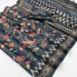 Elision Dark Grey Printed Cotton Silk Saree With Improbable Blouse Piece