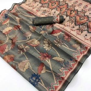 Exceptional Grey Printed Cotton Silk Saree With Impressive Blouse Piece