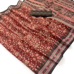 Gossamer Maroon Printed Cotton Silk Saree With Profuse Blouse Piece