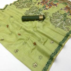 Surreptitious Pista Pure Munga Cotton Silk Saree With Desultory Blouse Piece