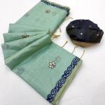 Embrocation Sea Green Pure Munga Cotton Silk Saree With Jazzy Blouse Piece