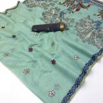Embrocation Sea Green Pure Munga Cotton Silk Saree With Jazzy Blouse Piece