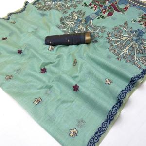 Embrocation Sea Green Pure Munga Cotton Silk Saree With Jazzy Blouse Piece