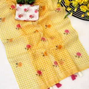 Lissome Yellow Printed Linen Silk Saree With Amazing Blouse Piece