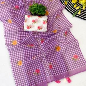 Trendy Purple Printed Linen Silk Saree With Serendipity Blouse Piece