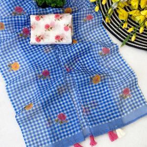 Ethnic Blue Printed Linen Silk Saree With Engrossing Blouse Piece