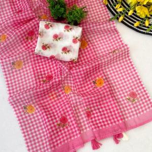 Lustrous Pink Printed Linen Silk Saree With Dazzling Blouse Piece