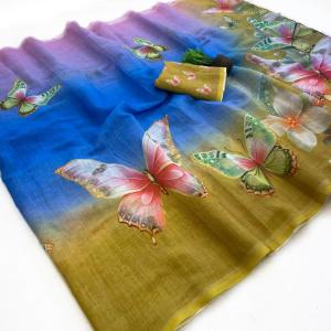 Traditional Multicolor Printed Linen Silk Saree With Intricate Blouse Piece