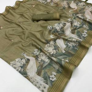 Magnificat Green Printed Cotton Silk Saree With Beleaguer Blouse Piece