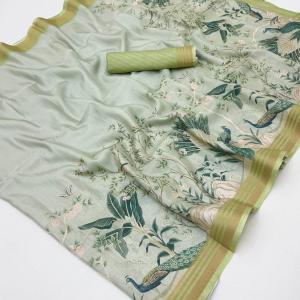 Impressive Pista Printed Cotton Silk Saree With Prettiest Blouse Piece