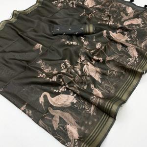 Pretty Dark Green Printed Cotton Silk Saree With Chatoyant Blouse Piece