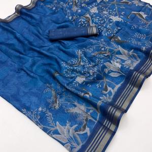 Lagniappe Blue Printed Cotton Silk Saree With Resplendent Blouse Piece