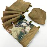 Excellent Brown Printed Cotton Silk Saree With Quintessential Blouse Piece