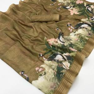 Excellent Brown Printed Cotton Silk Saree With Quintessential Blouse Piece