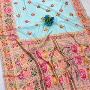 Gratifying Sky Pashmina Silk Saree With Propinquity Blouse Piece