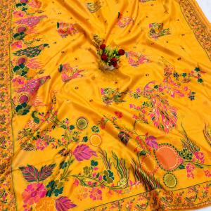 Lustrous Yellow Pashmina Silk Saree With Elegant Blouse Piece