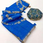 Snappy Royal Blue Printed Cotton Silk Saree With Exceptional Blouse Piece